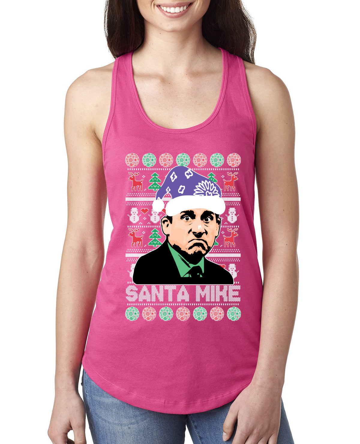 Santa Mike Michael Scott The Office Ugly Christmas Sweater Ladies Racerback Tank Top