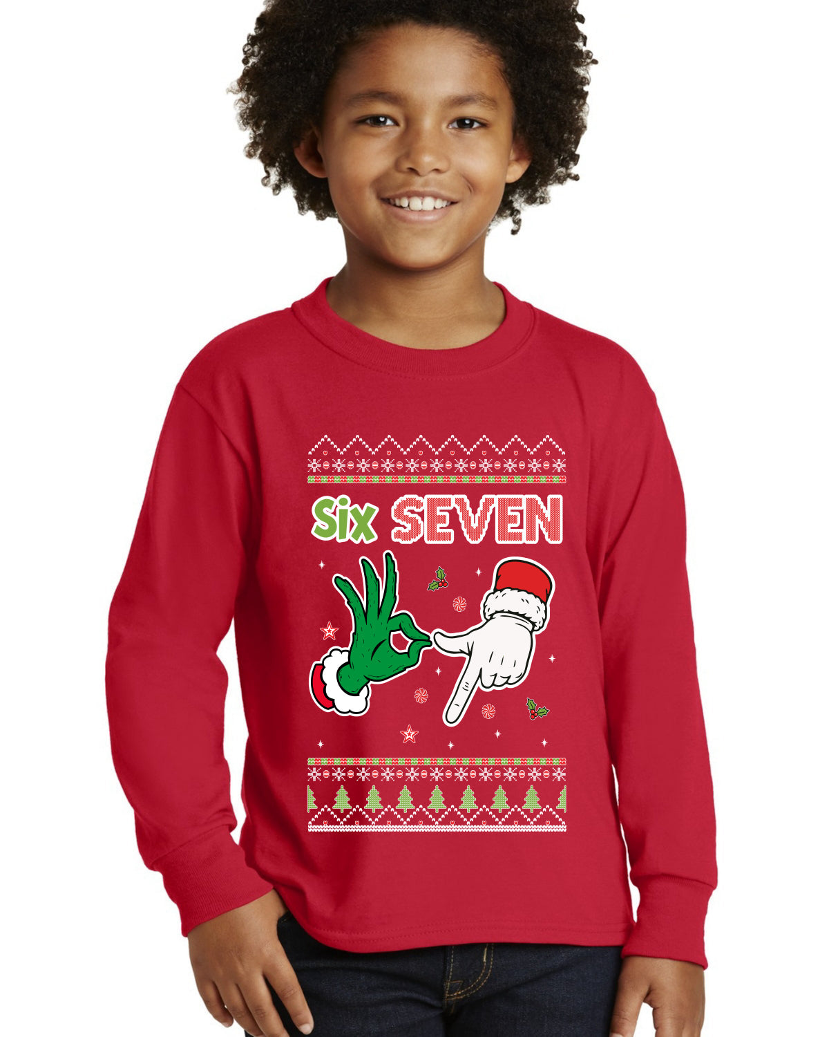 6 7 Christmas Hands Ugly Christmas Sweater For Kids | Youth Longsleeve Shirt