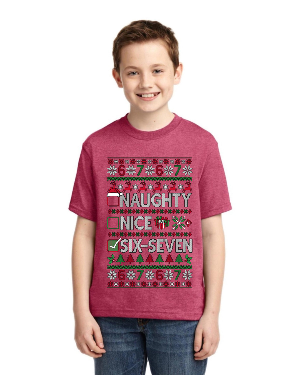 Naughty Nice 6 7 Checklist Ugly Christmas Sweater For Kids | Unisex Boys Girls Graphic Youth T-Shirt