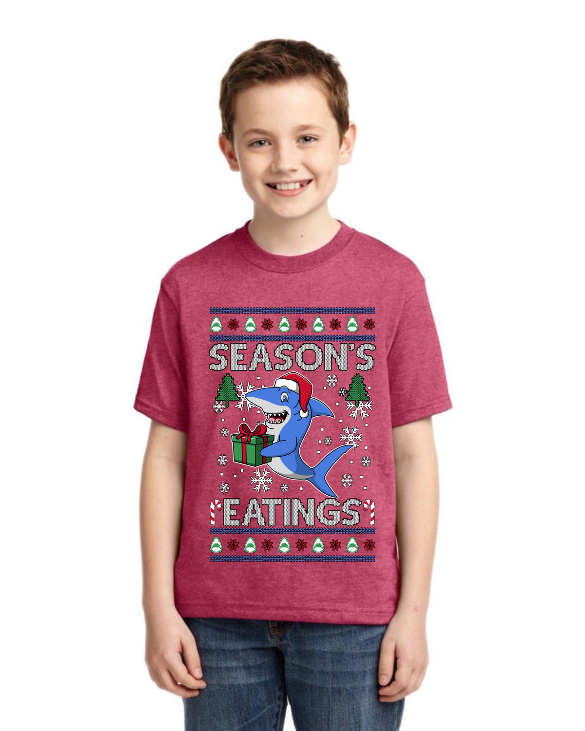 Season's Eatings Shark Ugly Christmas Sweater For Kids | Unisex Boys Girls Graphic Youth T-Shirt