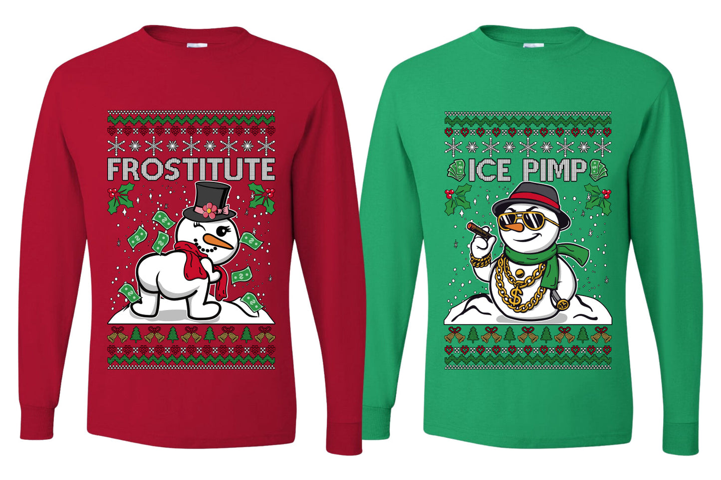 Frostitute Ice Pimp Snowmen Sweater Girlfriend Boyfriend Gift His and Hers Matching Ugly Christmas Couple Long Sleeve Shirt