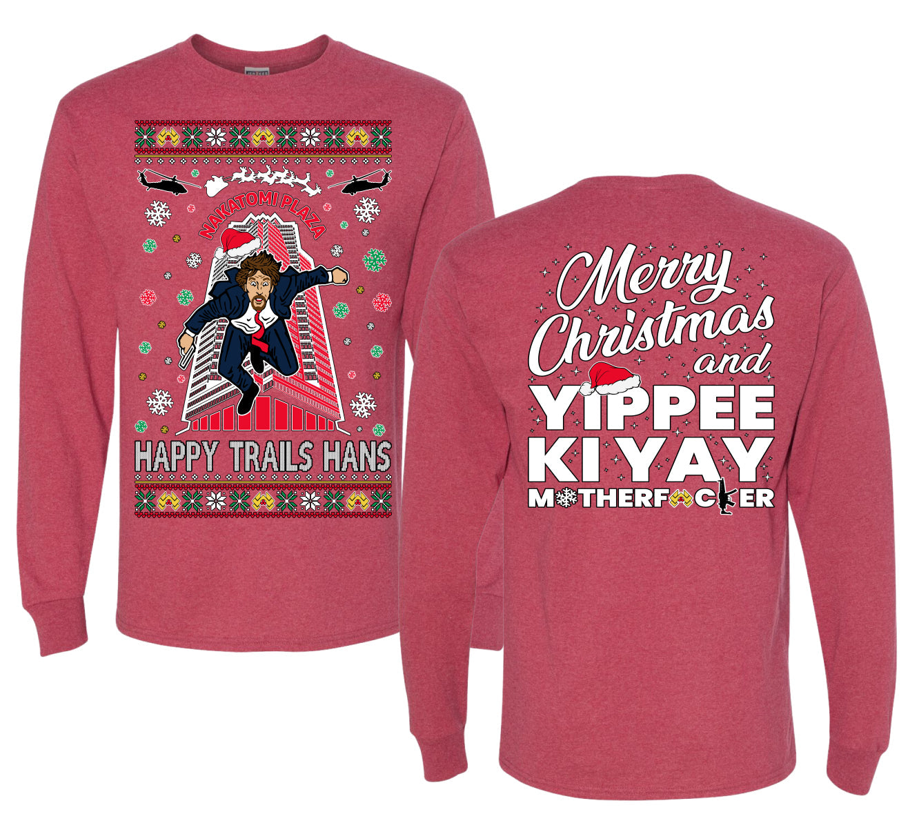 Nakatomi Plaza Happy Trails Hans Ugly Christmas Front and Back Sweater Mens Long Sleeve Shirt