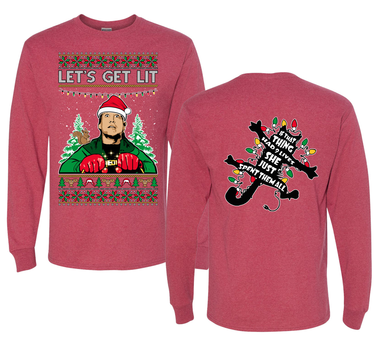 Let's Get Lit Clark Vacation Movie Parody Ugly Christmas Front and Back Sweater Mens Long Sleeve Shirt