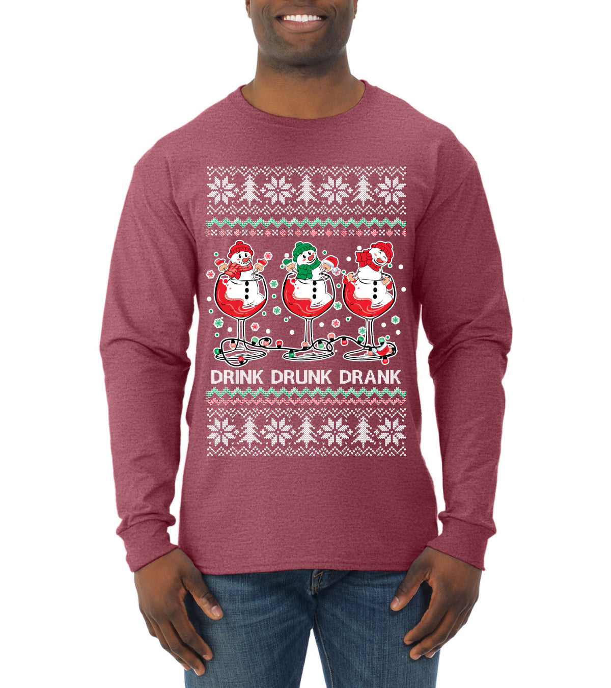 Holiday Spirits Drink Drank Drunk Snowmen Ugly Christmas Sweater Mens Long Sleeve Shirt