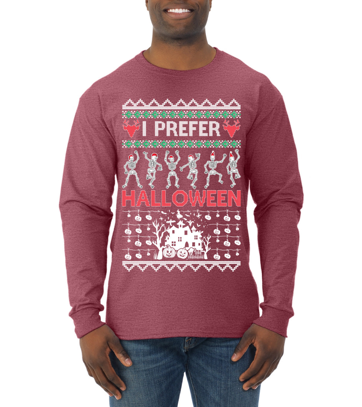 I Prefer Halloween Dancing Skeletons Ugly Christmas Sweater Mens Long Sleeve Shirt