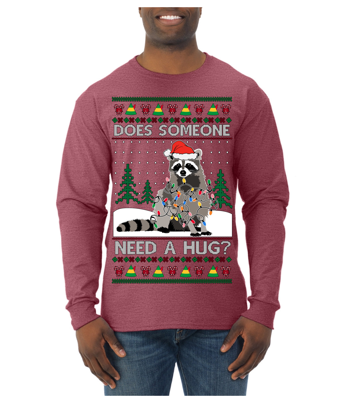 Does Someone Need a Hug? Cute Raccoon Ugly Christmas Sweater Mens Long Sleeve Shirt