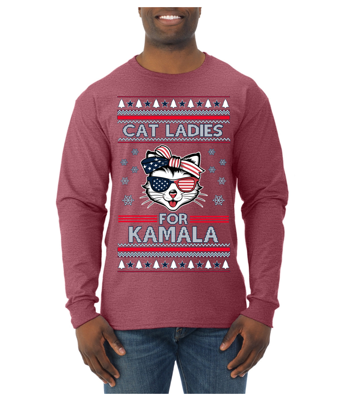 Cat Ladies for Kamala USA Glasses, Harris Tim Walz 2024 Cute USA Glasses Bow Ugly Christmas Sweater Mens Long Sleeve Shirt