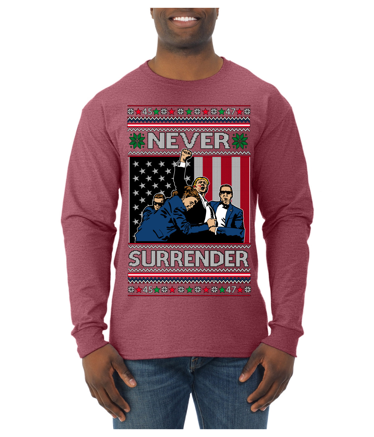 Never Surrender Pro Donald Trump Fight Fist Pump 2024 Ugly Christmas Sweater Mens Long Sleeve Shirt