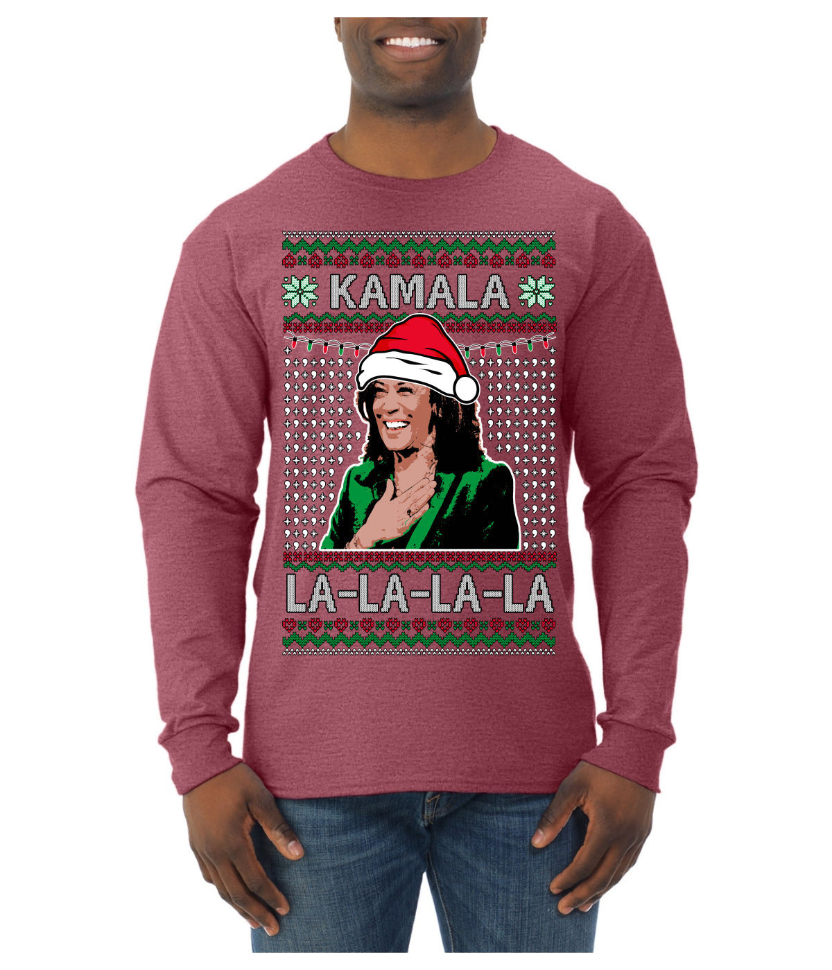 Kamala La La Funny Santa Hat Classic Xmas Song Carol Ugly Christmas Sweater Mens Long Sleeve Shirt