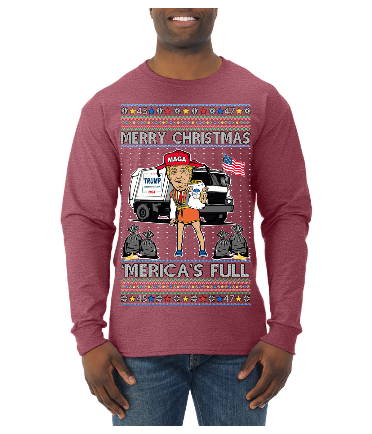 Donald Trump Merry Christmas Merica's Full Garbage Truck Ugly Christmas Sweater Mens Long Sleeve Shirt