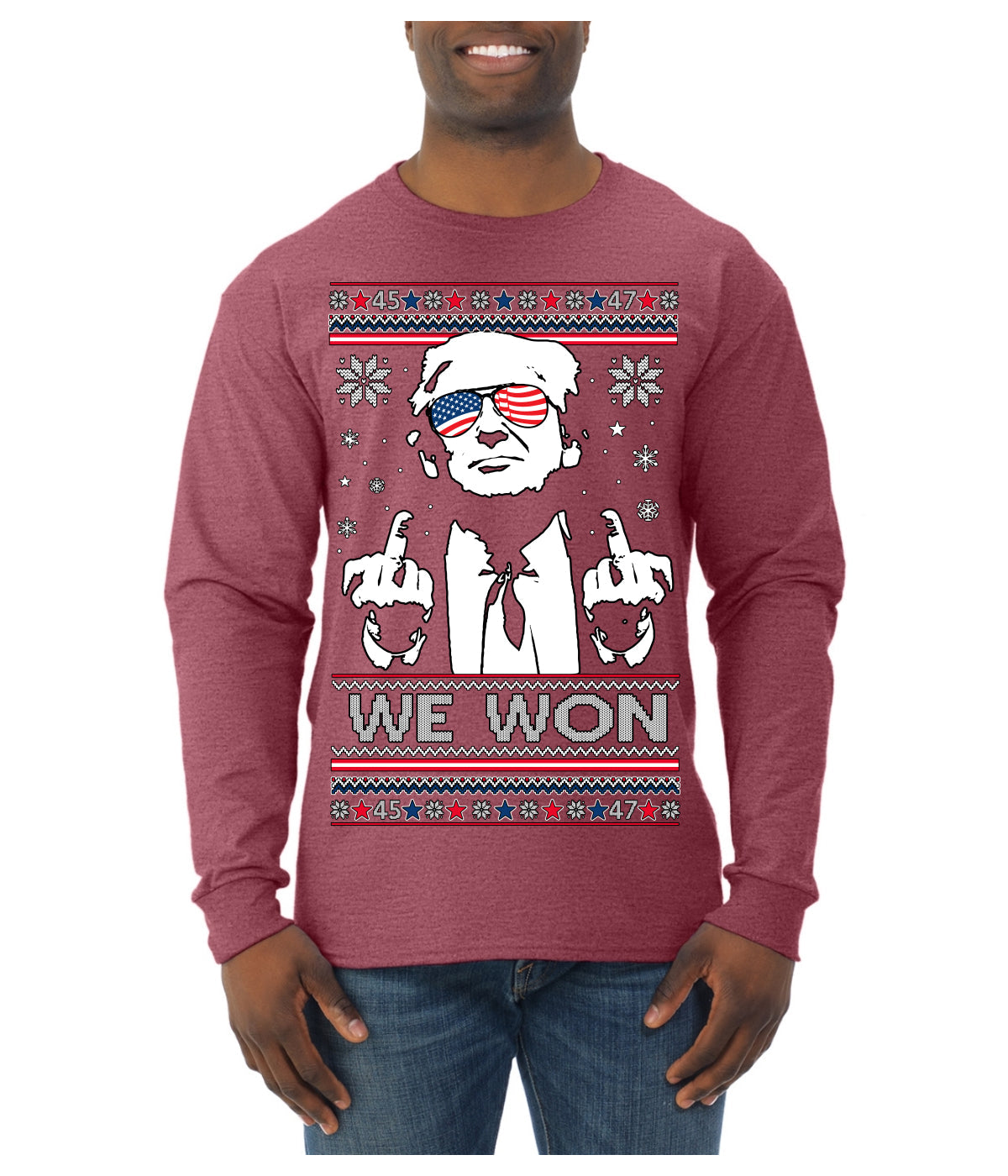 We Won Funny 45 47 President Trump Shot USA Glasses Ugly Christmas Sweater Mens Long Sleeve Shirt