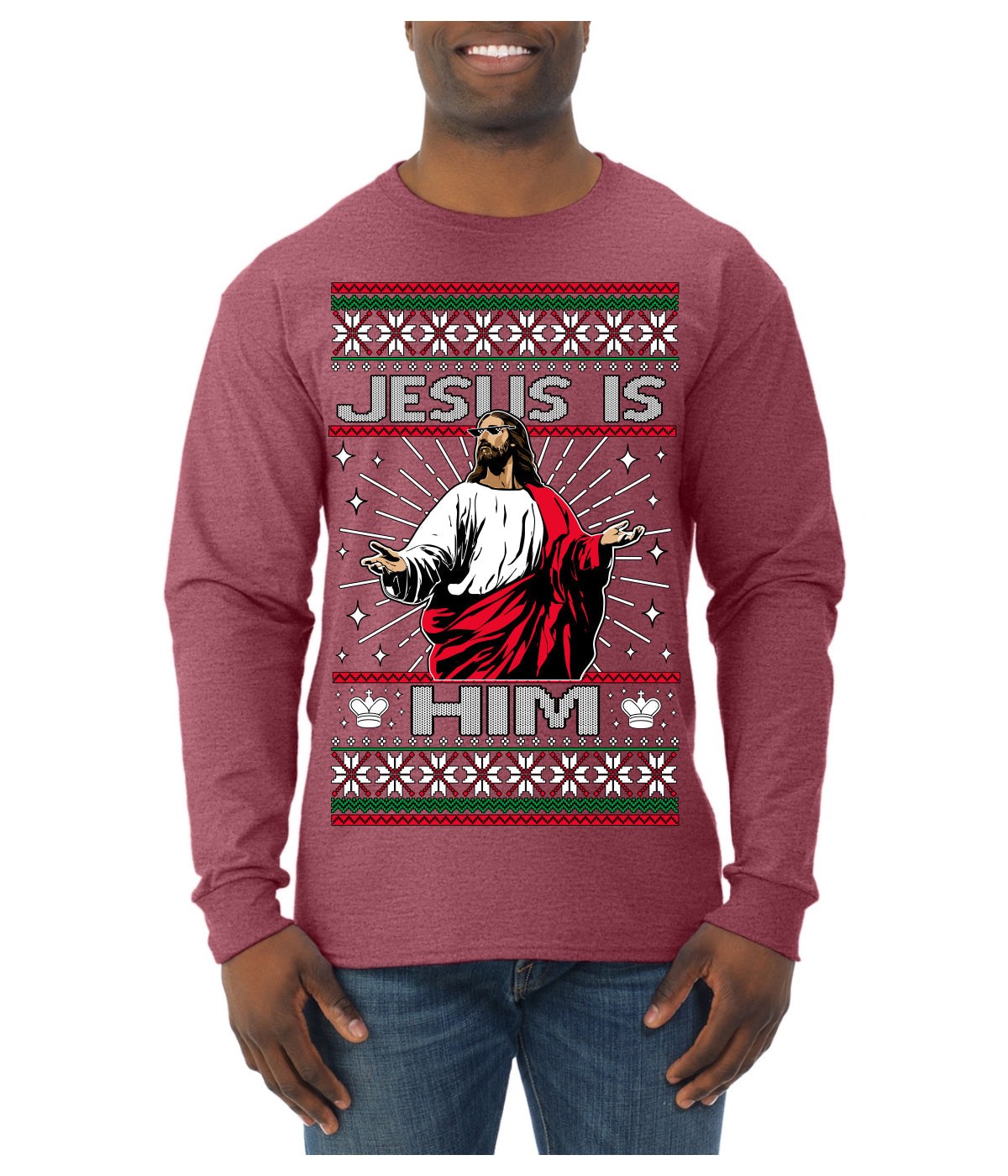 Jesus Is Him Funny Gen Z Viral Meme Shades Slang Ugly Christmas Sweater Mens Long Sleeve Shirt