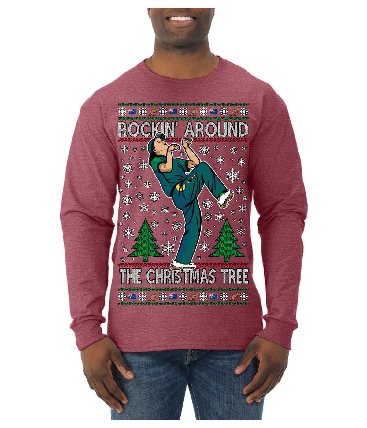 Rockin Around the Christmas Tree Raygun Viral Breakdancer Ugly Christmas Sweater Mens Long Sleeve Shirt