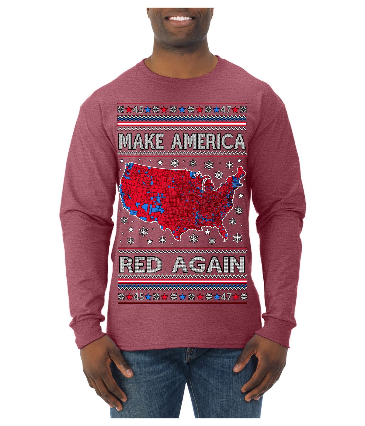 Make America Red Again USA Map Trump 2024 MAGA Ugly Christmas Sweater Mens Long Sleeve Shirt
