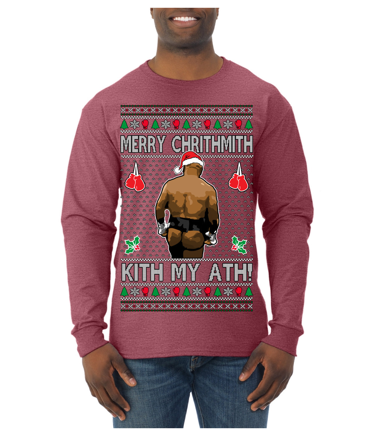 Merry Chrithmith Kith My Ath, Butt Viral Kiss My Ass Boxing Fight Meme Ugly Christmas Sweater Mens Long Sleeve Shirt