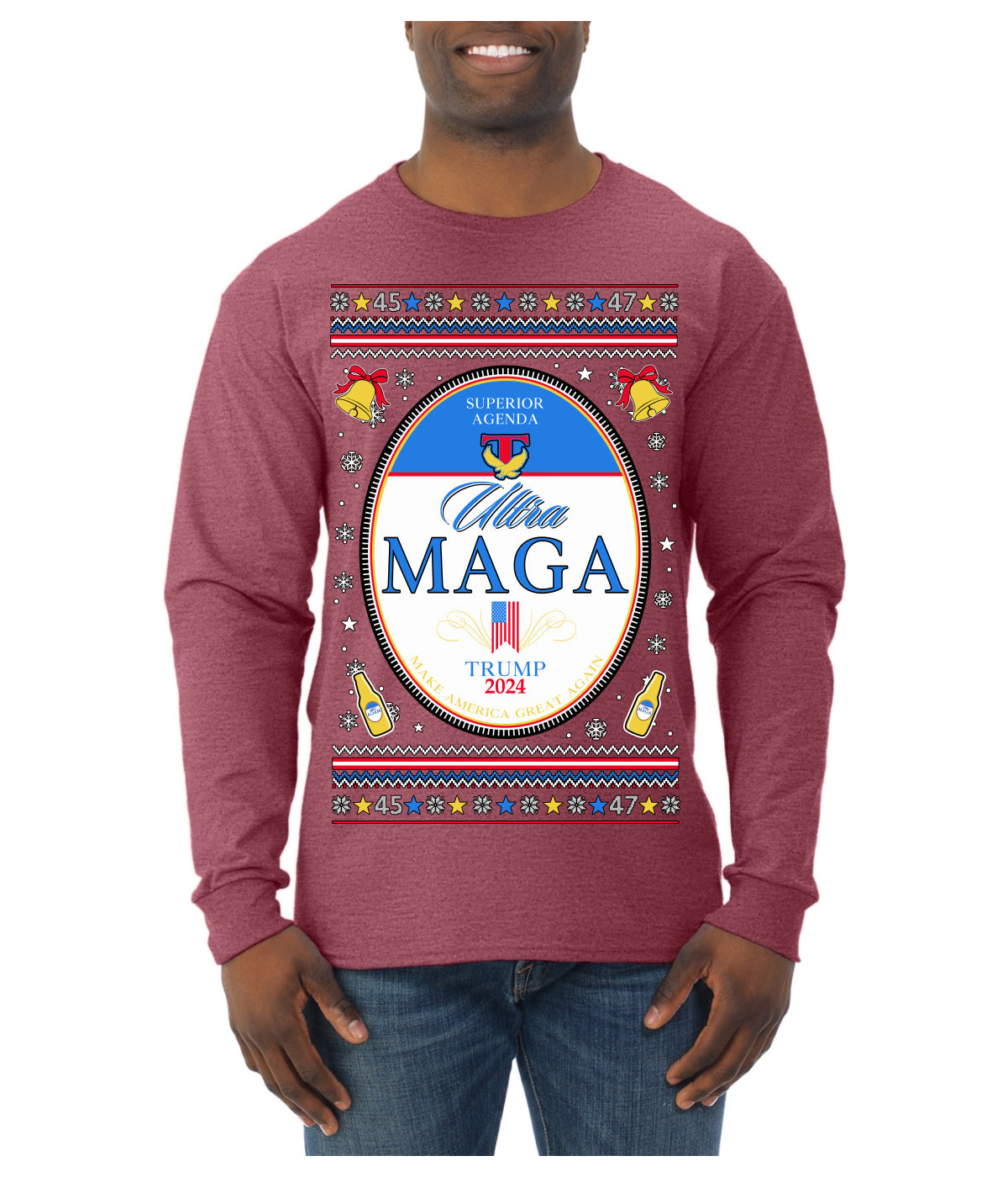 Ultra MAGA Superior Agenda Trump 2024 Funny Beer Logo Ugly Christmas Sweater Mens Long Sleeve Shirt