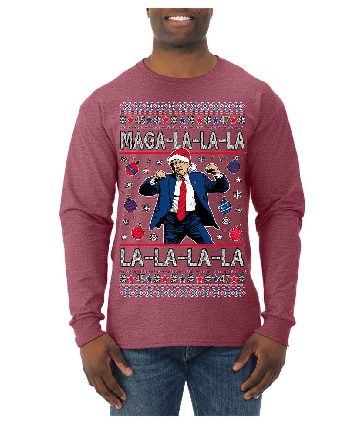 Maga La La La Funny Donald Trump Christmas Carol Song Ugly Christmas Sweater Mens Long Sleeve Shirt