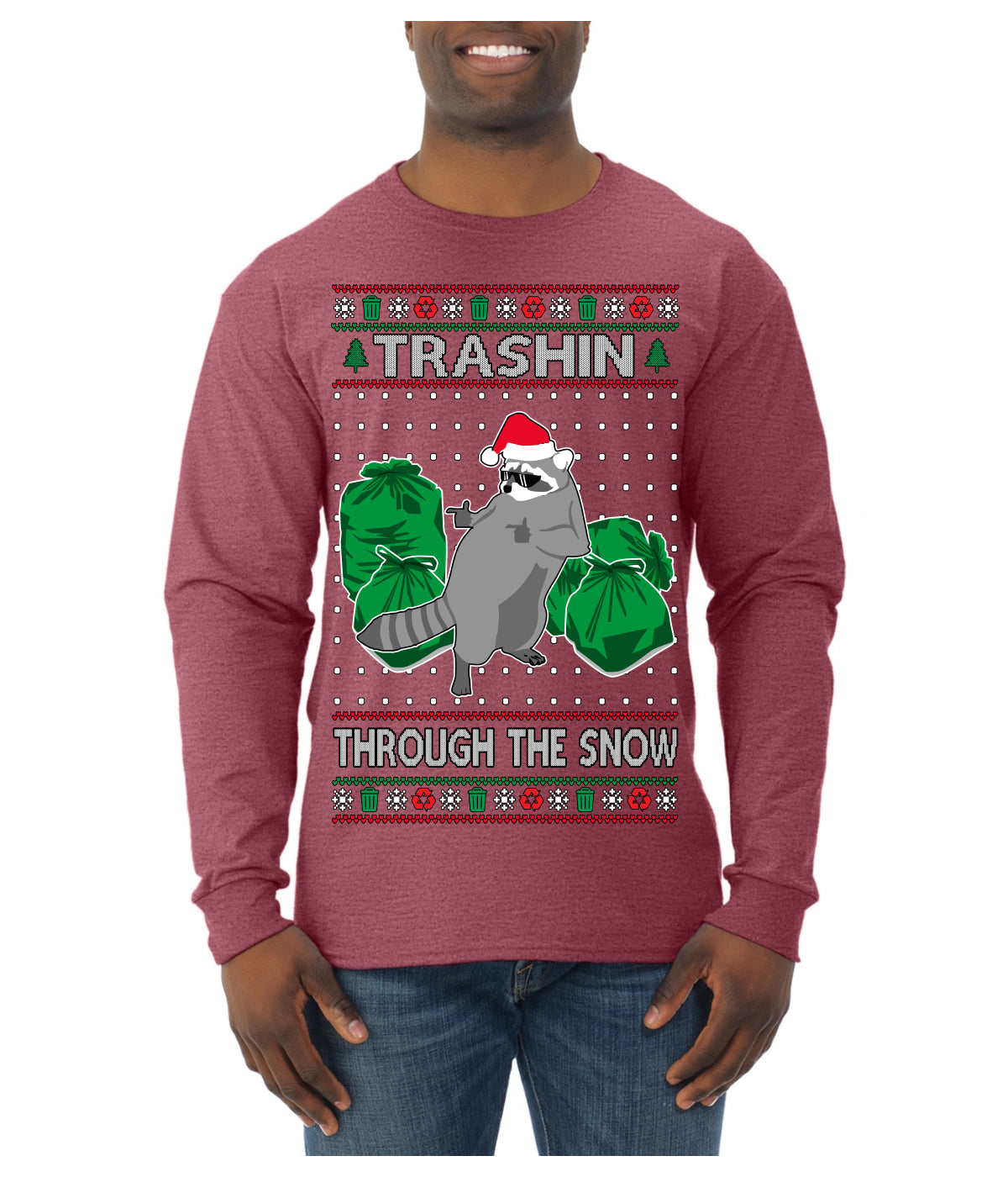 Trashin Through the Snow Funny Trash Panda Raccoon Meme Ugly Christmas Sweater Mens Long Sleeve Shirt