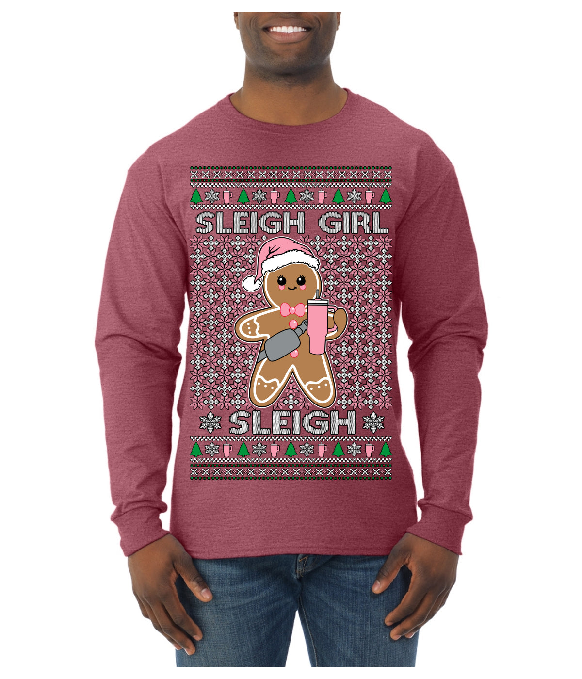 Sleigh Girl Sleigh Funny Trendy Pop Girly Sling Bag Coffee Cup Unisex Ugly Christmas Sweater Mens Long Sleeve Shirt