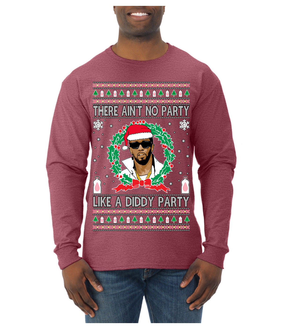 There Ain't No Party Like a Diddy Party, Funny Crazy Party Viral Music Baby Oil Meme, Men Women Ugly Christmas Sweater Mens Long Sleeve Shirt