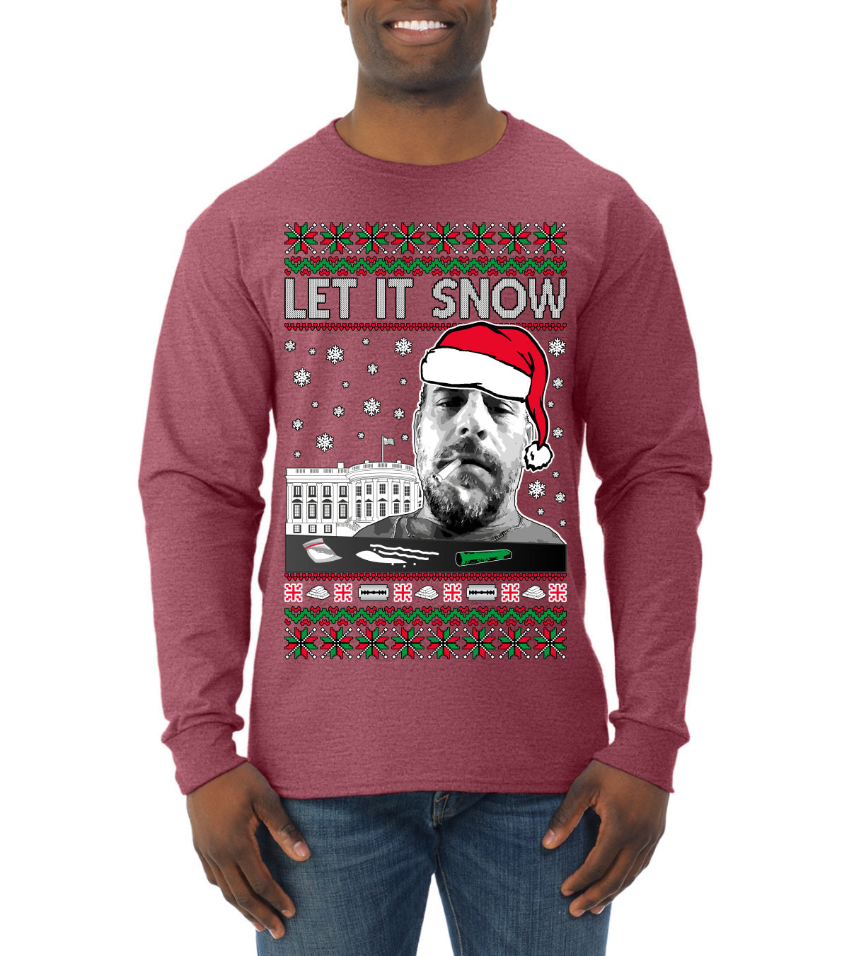 Hunter Let It Snow Biden Ugly Christmas Sweater Mens Long Sleeve Shirt