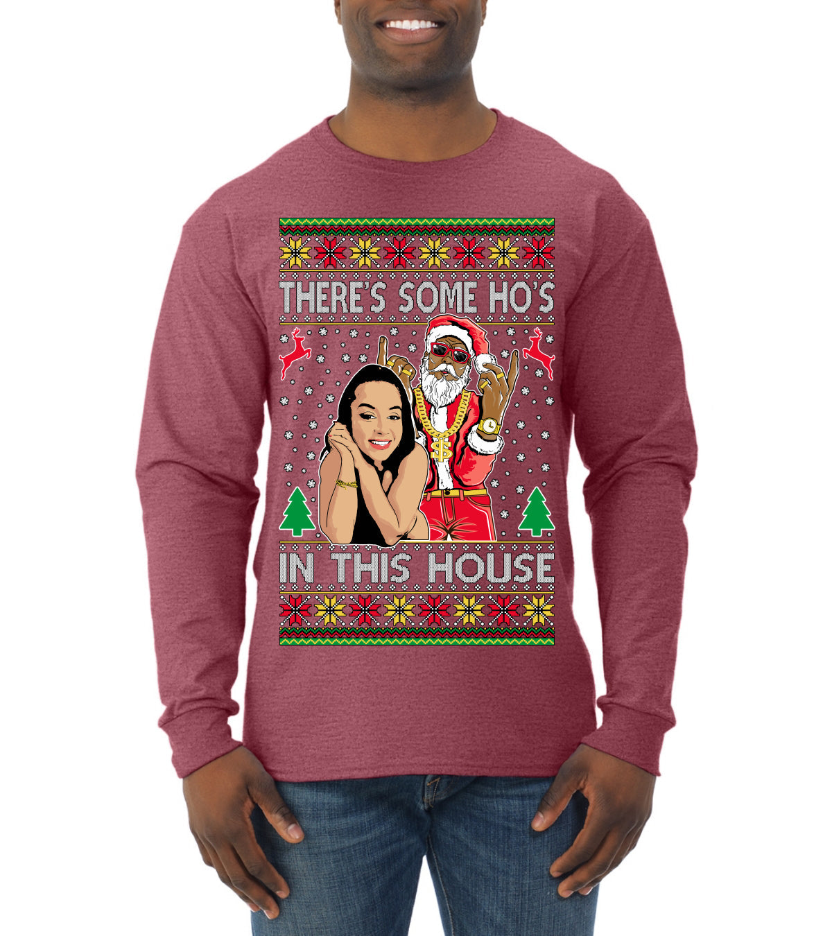 Santa the Plug Hos In This House Ugly Christmas Sweater Mens Long Sleeve Shirt
