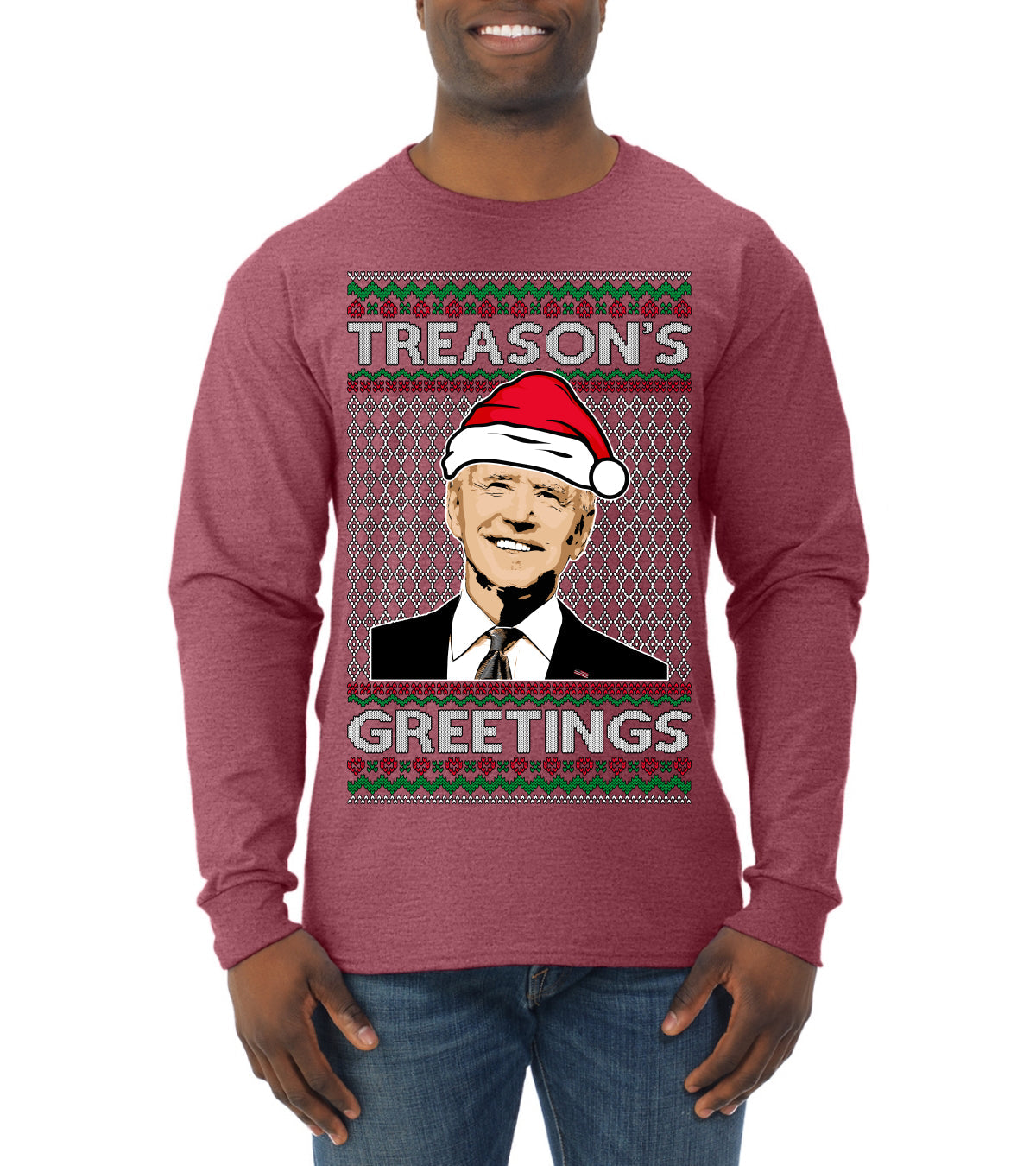Treason's Greetings Biden President Humor Ugly Christmas Sweater Mens Long Sleeve Shirt