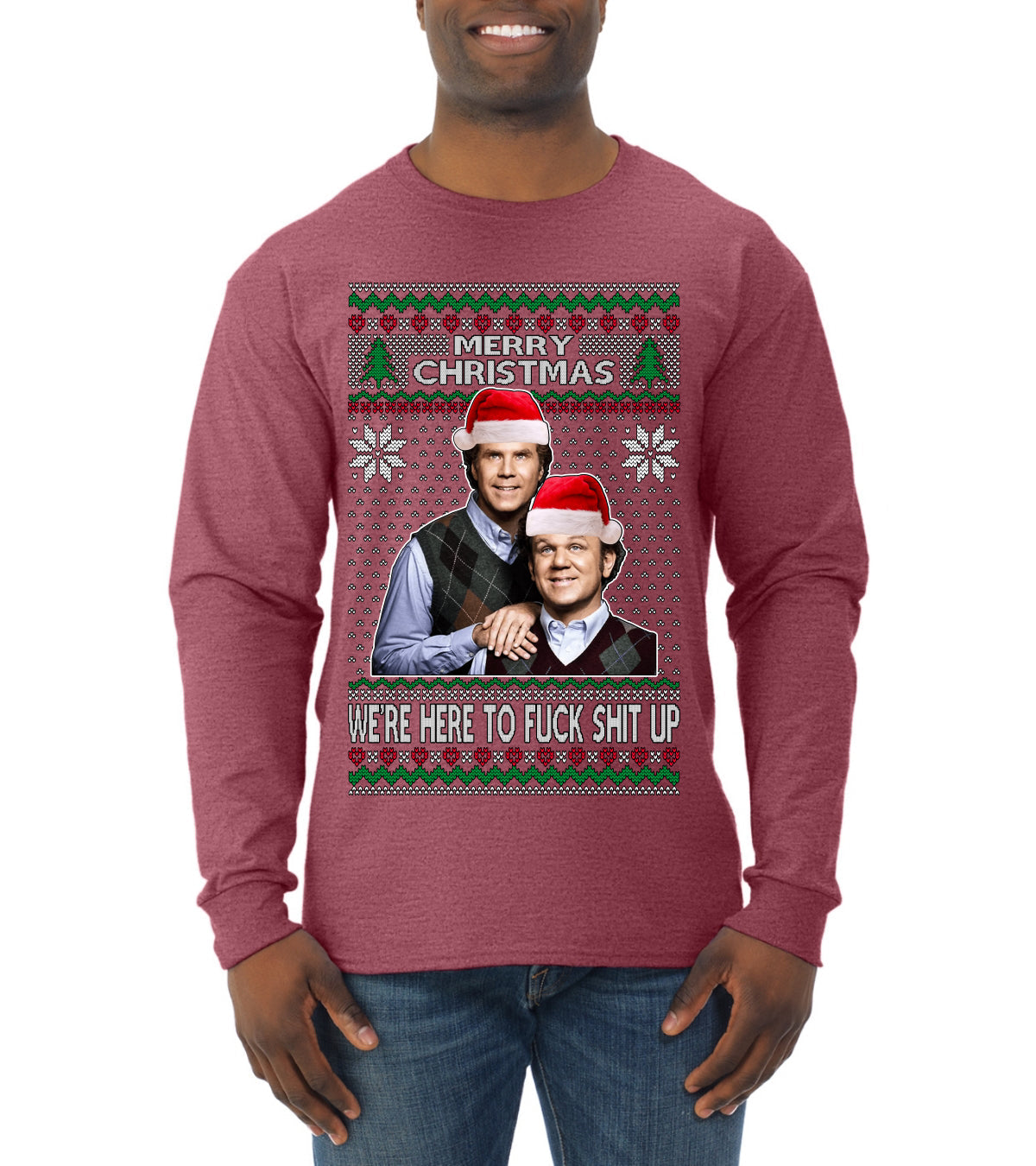 Here To F Stuff Up Step Brothers Holiday Pose Ugly Christmas Sweater Mens Long Sleeve Shirt