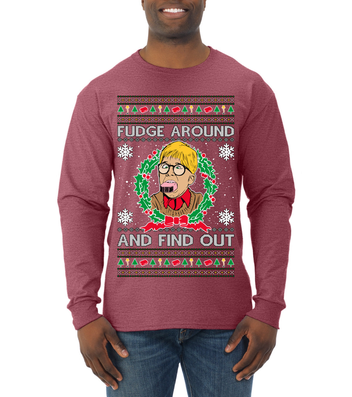 Fudge Around And Find Out Story Ugly Christmas Sweater Mens Long Sleeve Shirt