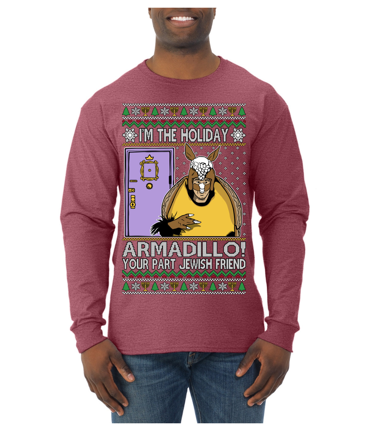 Holiday Armadillo Part Jewish TV Show Ugly Christmas Sweater Mens Long Sleeve Shirt