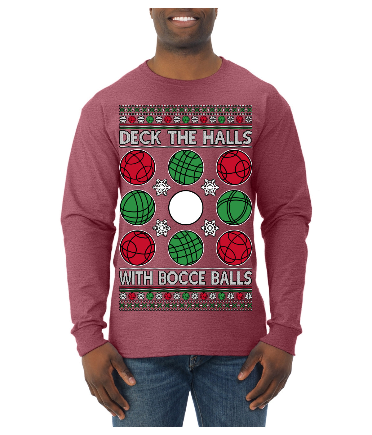 Deck the Halls with Bocce Balls, Funny Classic Italy Italian Sports Ugly Christmas Sweater Mens Long Sleeve Shirt