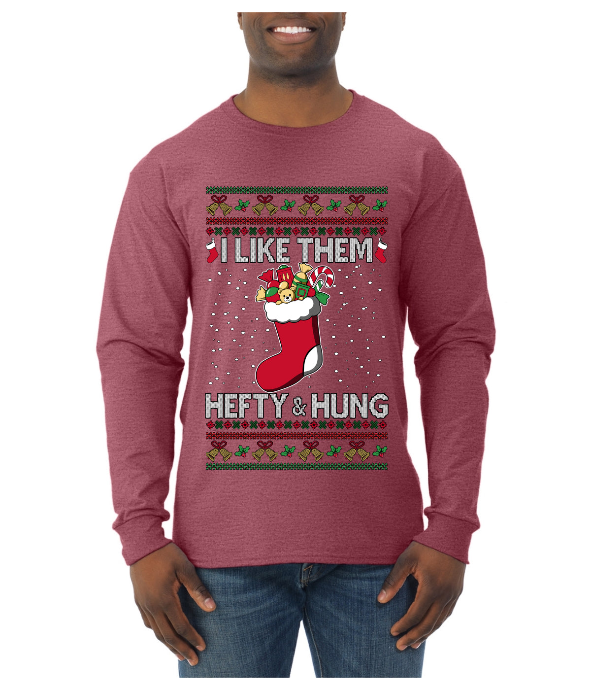 Hefty And Hung Christmas Sweater, Funny Ugly Christmas Sweater Mens Long Sleeve Shirt