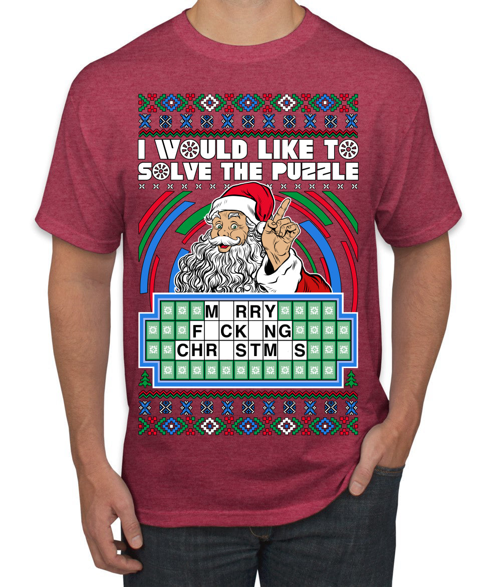 Santa Game Show I'd Like To Solve the Puzzle Wheel Ugly Christmas Sweater Men's T-Shirt
