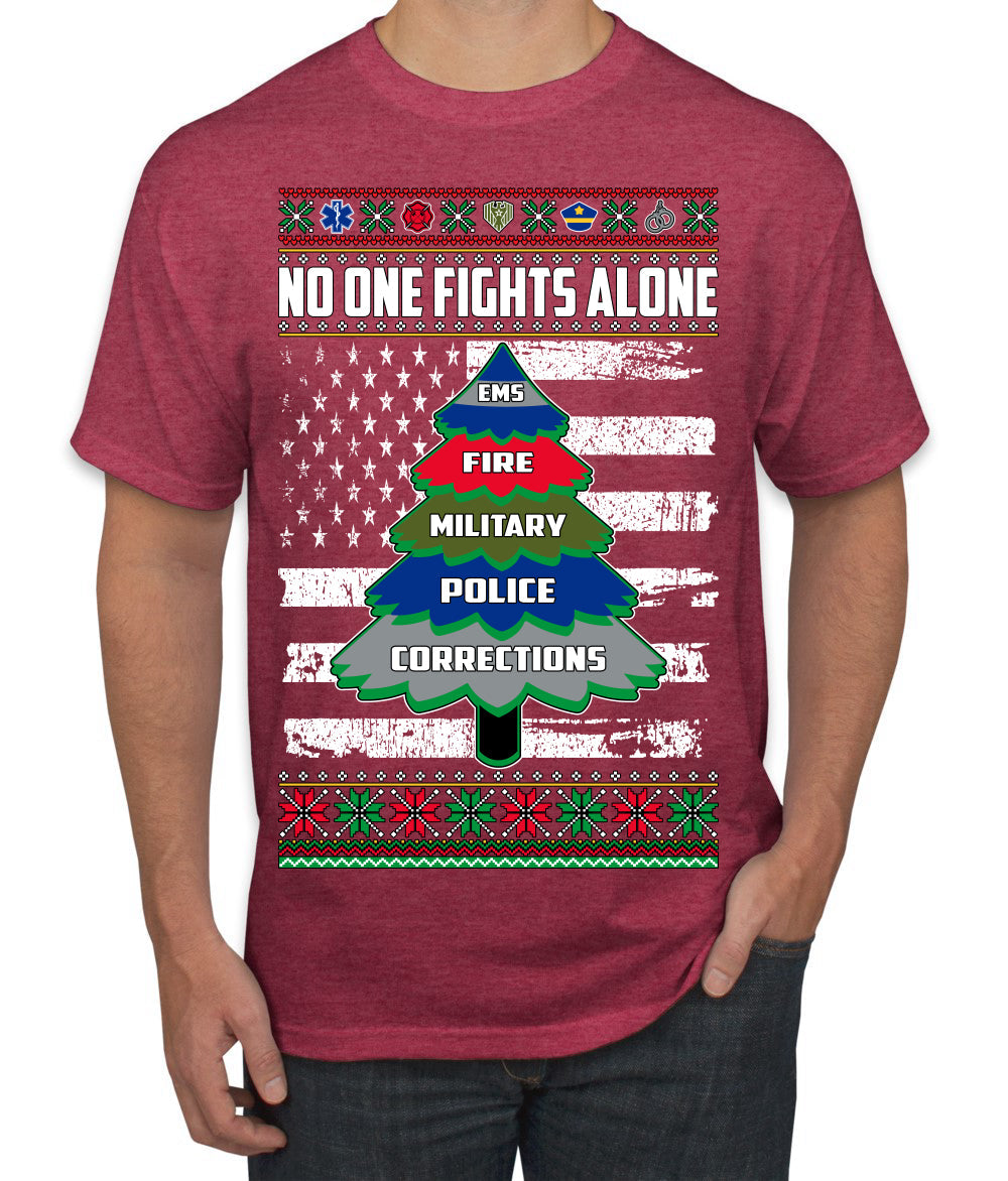 No One Fights Alone Holiday First Responder Police Fire Emt Ugly Christmas Sweater Men's T-Shirt