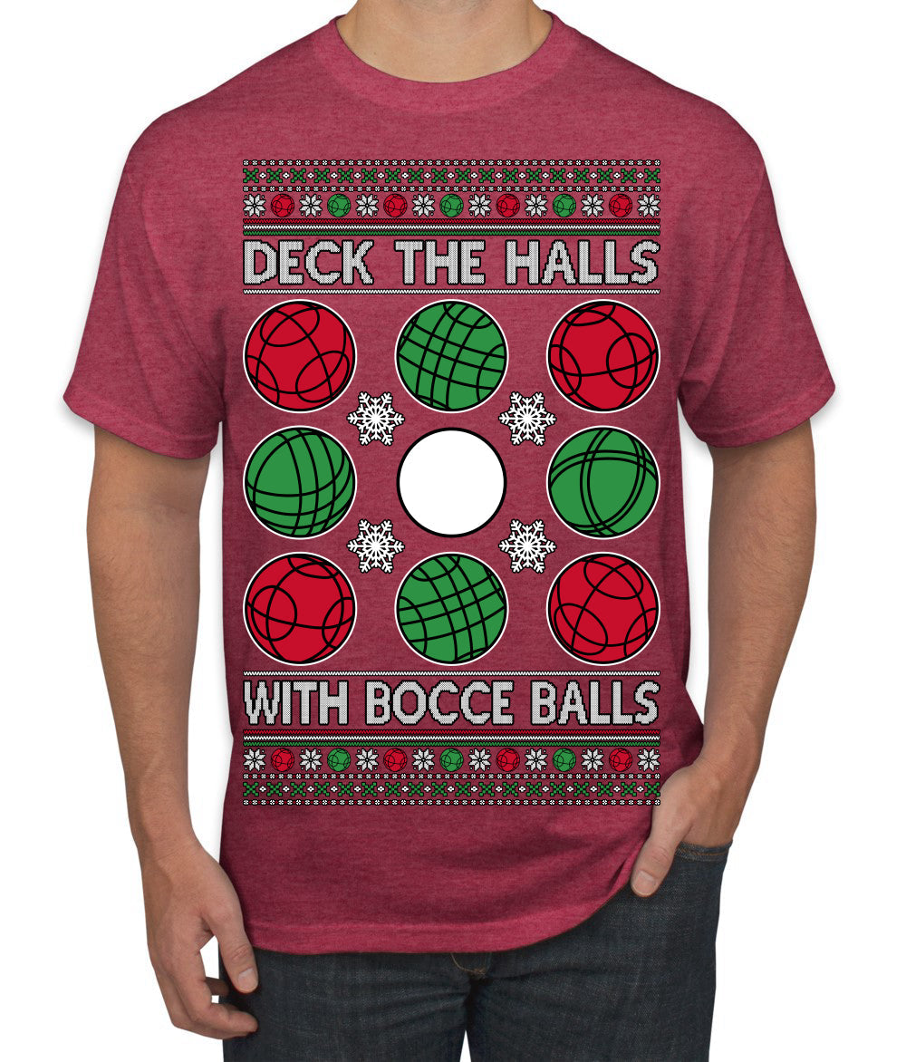 Deck the Halls with Bocce Balls, Funny Classic Italy Italian Sports Ugly Christmas Sweater Men's T-Shirt