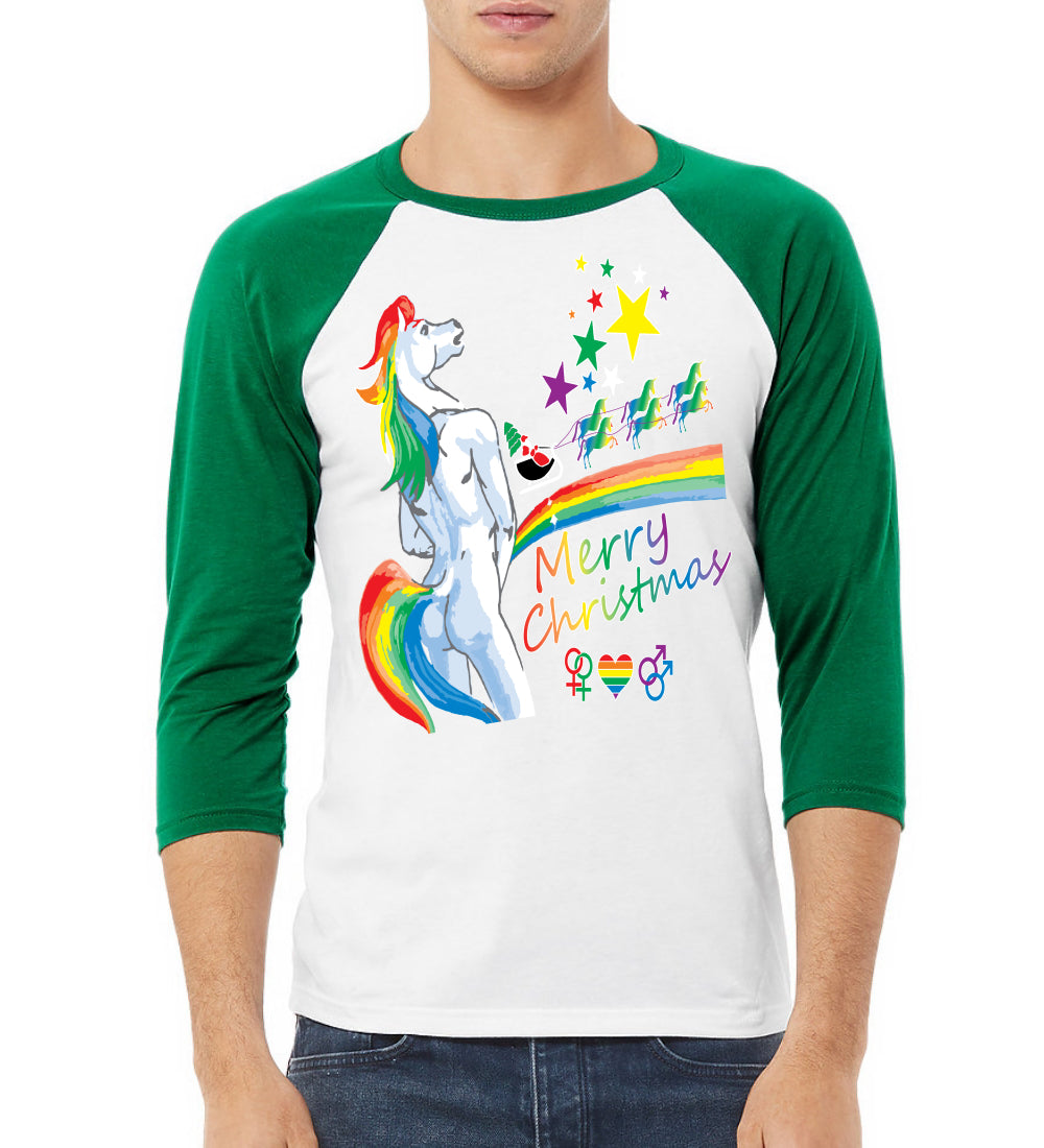 Unicorn Pissing Rainbow Christmas 3/4 Sleeve Raglan Unisex Baseball Tee