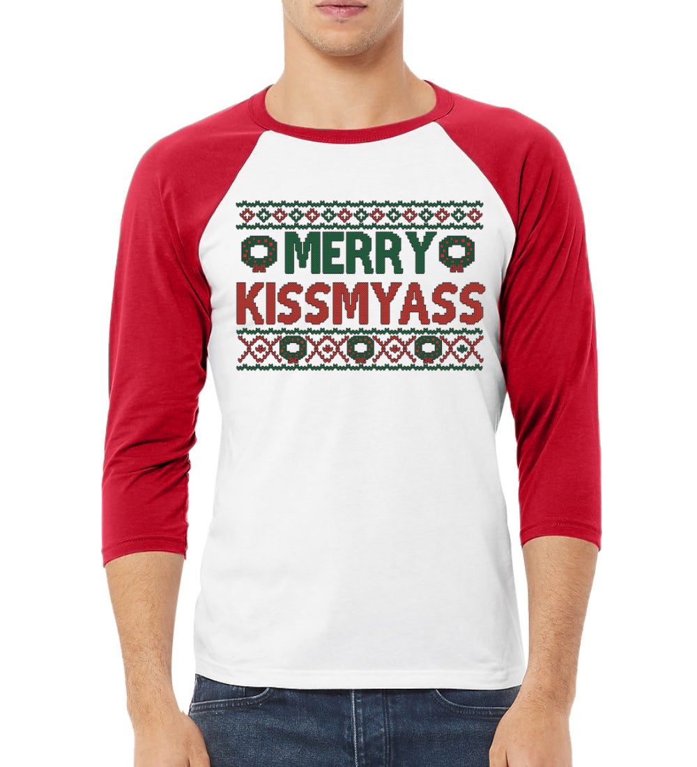 Merry Kissmyass Christmas 3/4 Sleeve Raglan Unisex Baseball Tee