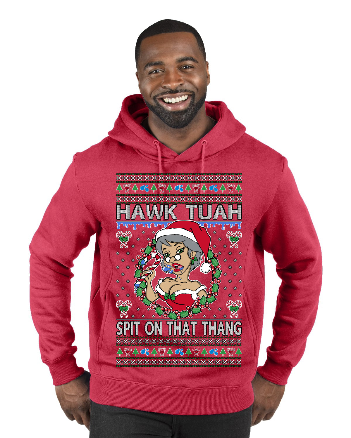 Hawk Tuah Spit On That Thang Mrs Claus Funny Meme Ugly Christmas Sweater Premium Graphic Hoodie Sweatshirt