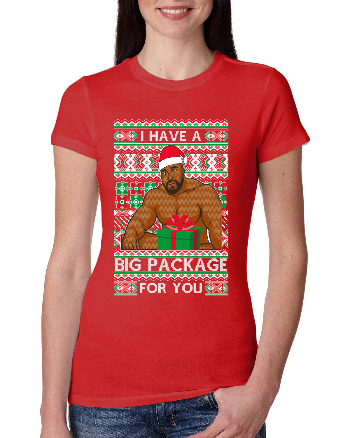 I have a Big package Meme Barry Wood Ugly Christmas Sweater Womens Slim Fit Junior Tee