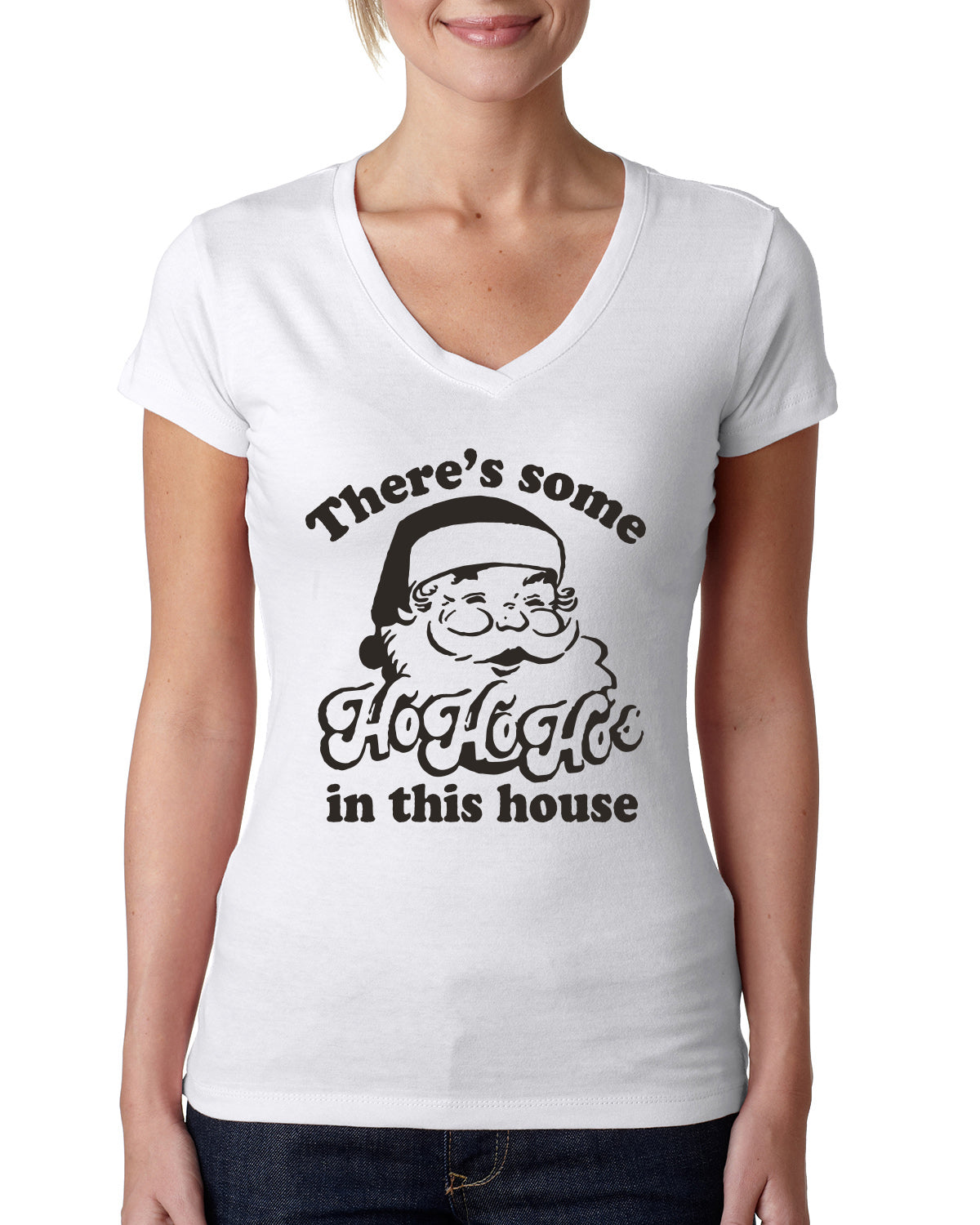 Theres some Ho Ho Ho in this House Ugly Christmas Sweater Womens Junior Fit V-Neck Tee