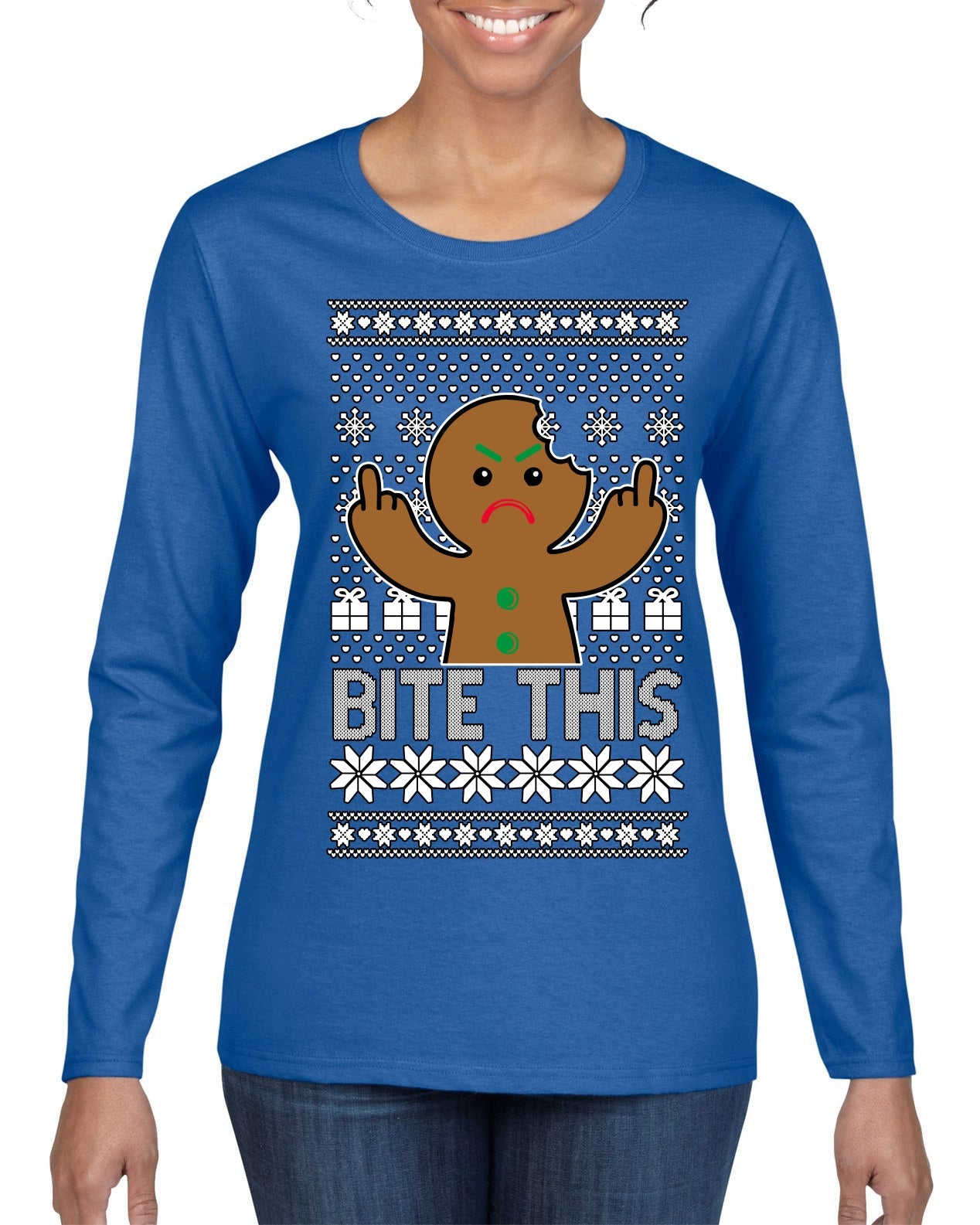 Bite This, Funny Gingerbread Cookie Offensive Inappropriate Middle Finger, F U Ginger Bread Dirty Novelty Xmas Ugly Christmas Sweater Womens Graphic Long Sleeve T-Shirt