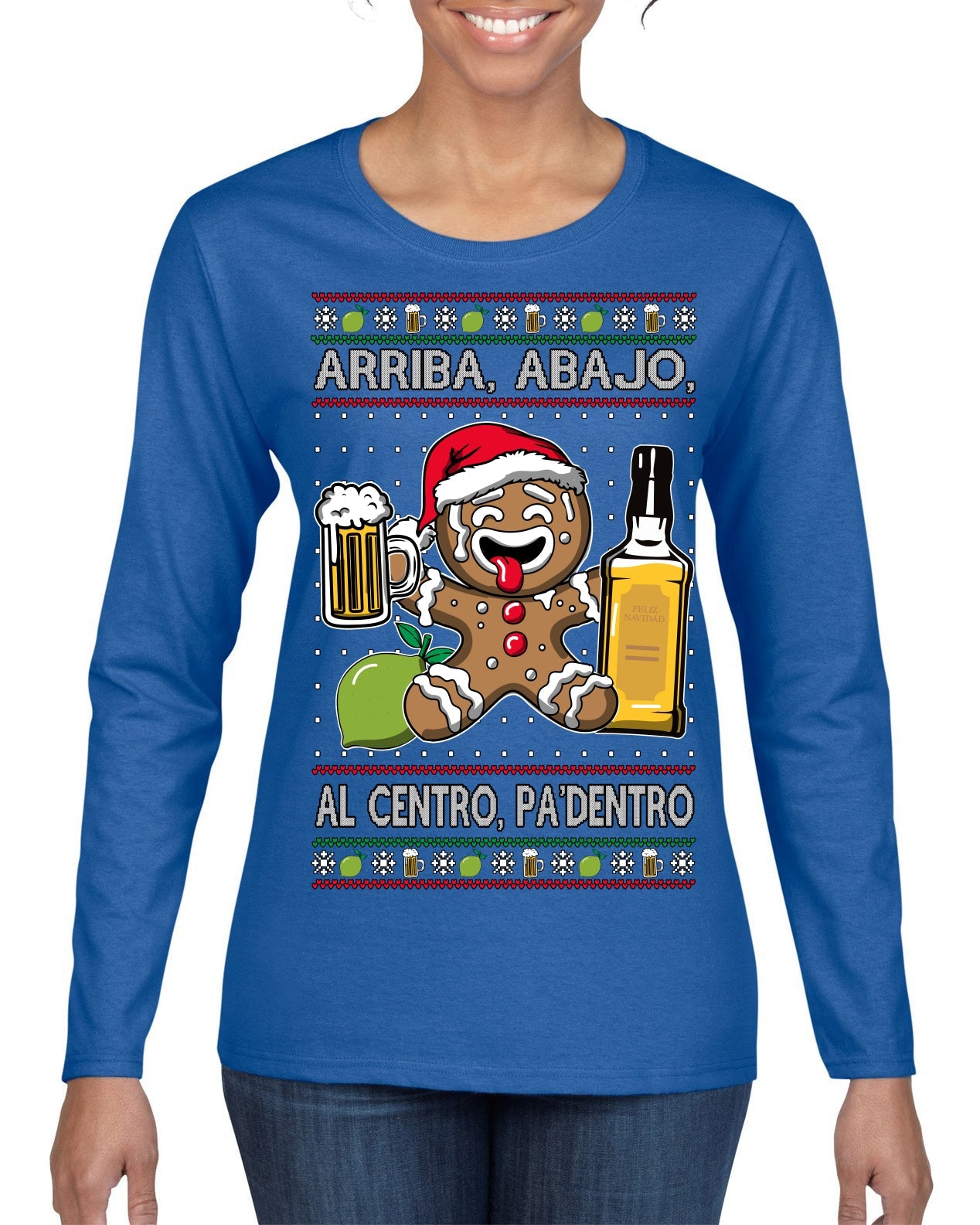Arriba Abajo Al Centro Pa'Dentro Cheers to Health Salud Ugly Christmas Sweater Womens Graphic Long Sleeve T-Shirt
