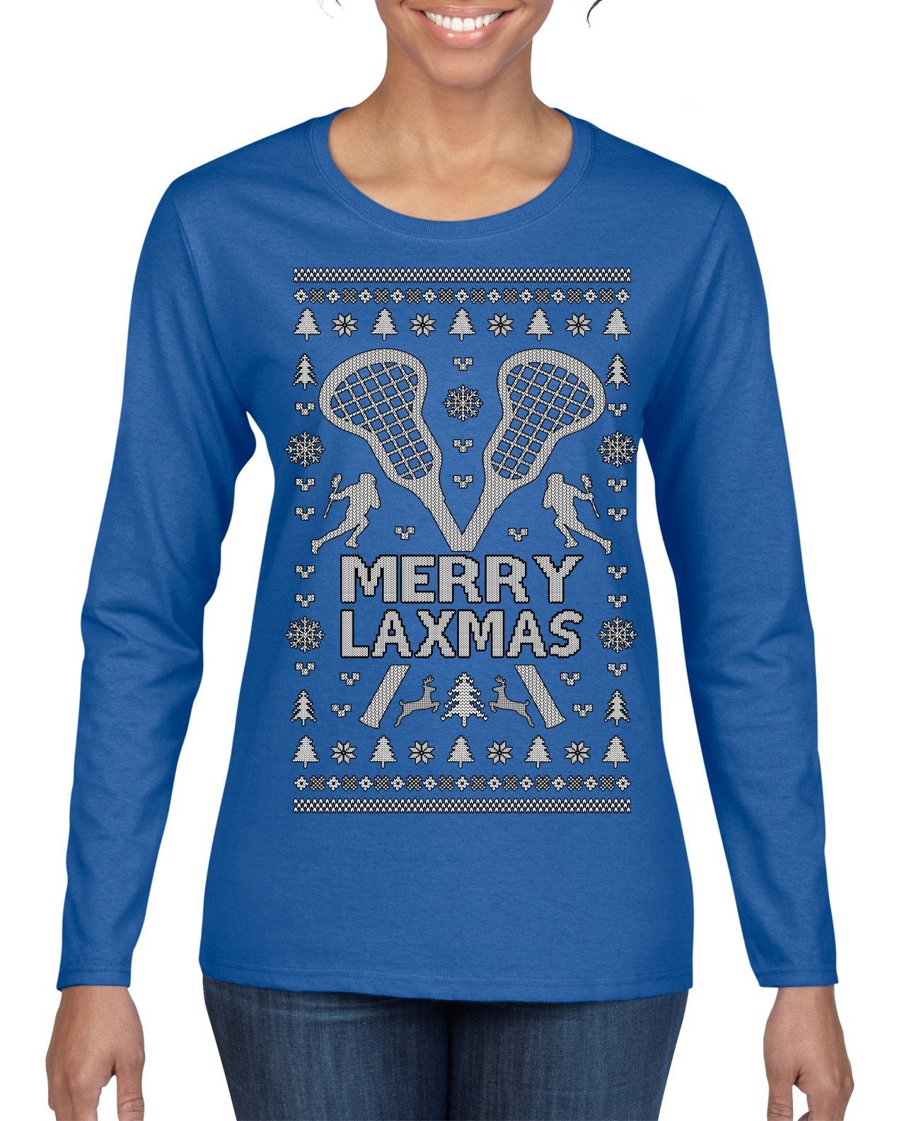 Merry Laxmas Funny Lacrosse Sports LAX Teen Sports Pun Ugly Christmas Sweater Womens Graphic Long Sleeve T-Shirt