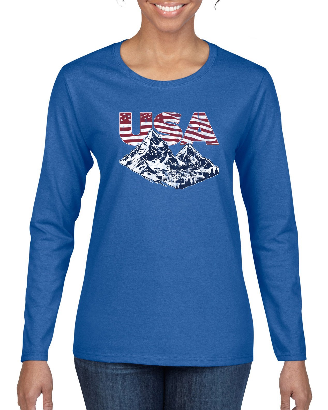 USA Winter Team Sports Fan Collection | USA Flag Mountainscape Sweater, Womens Graphic Long Sleeve T-Shirt