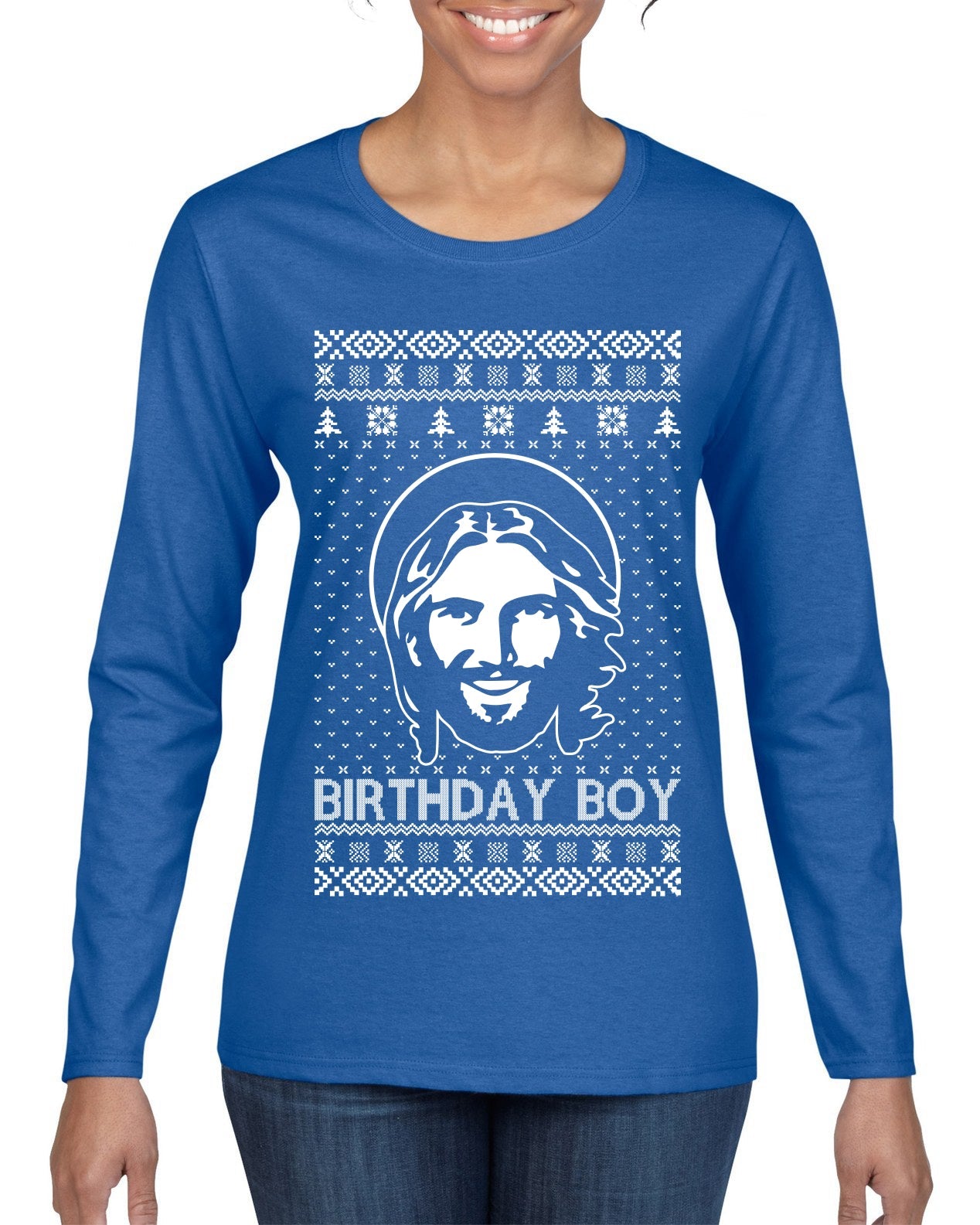 Birthday Boy Jesus Christ Ugly Christmas Sweater Womens Graphic Long Sleeve T-Shirt