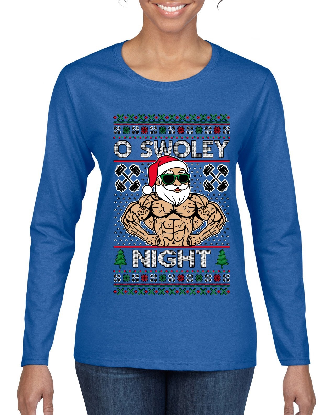 O Swoley Night, Exercise and Fitness Enthusiast, Ugly Christmas Sweater Womens Graphic Long Sleeve T-Shirt