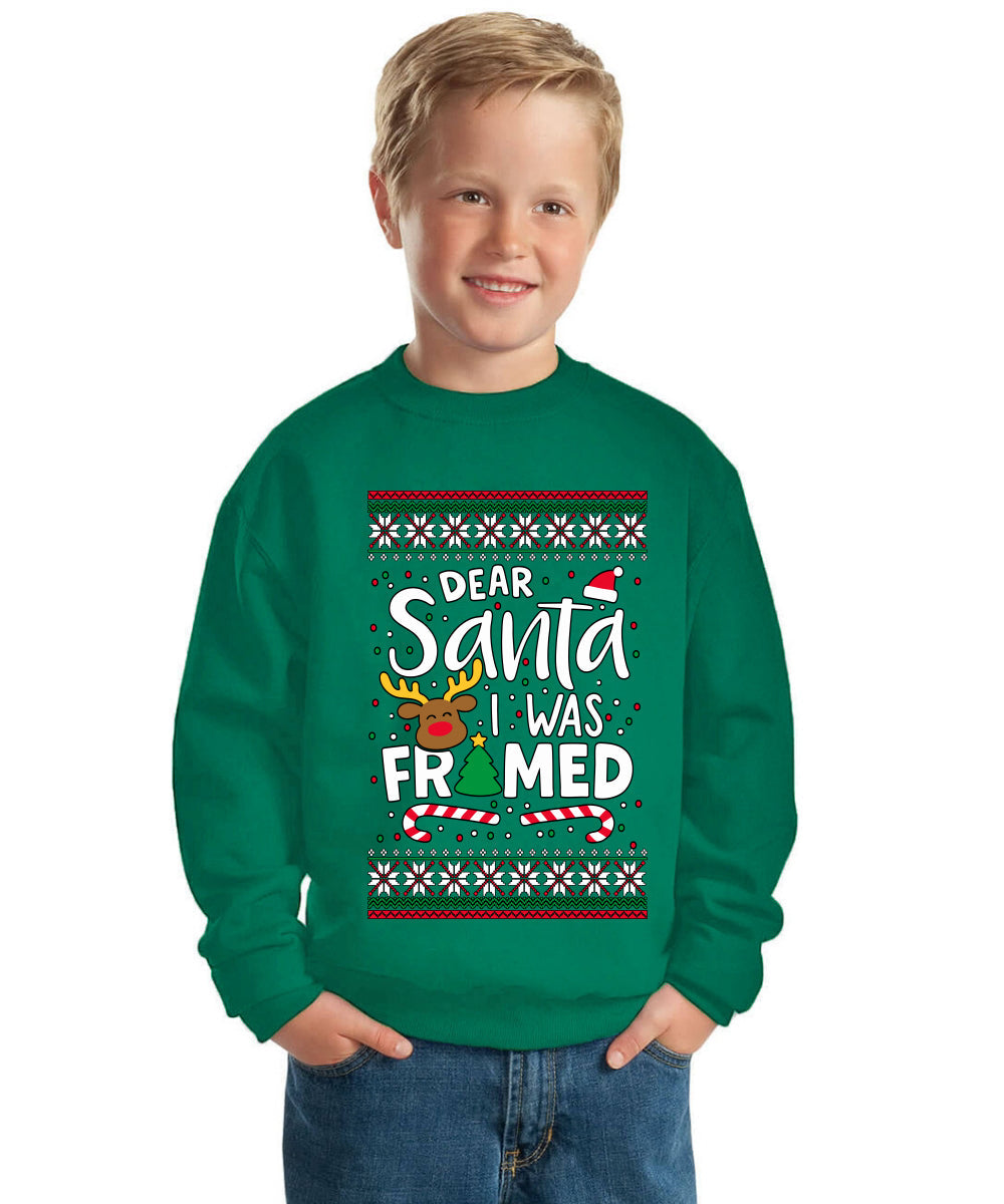 Dear Santa I Was Framed Ugly Christmas Sweater For Kids | Unisex Boys Girls Crewneck Graphic Sweatshirt