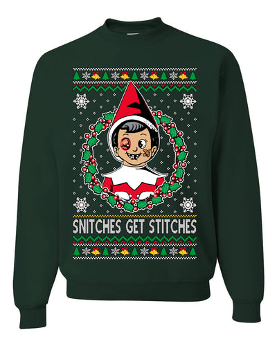 Snitches Get Stitches Meme Elf On A Ugly Christmas Sweater Unisex Crewneck Sweatshirt