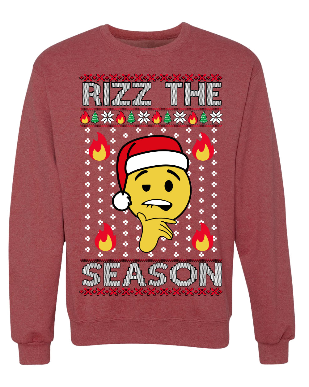 Rizz the Season Viral Internet Fire Emoji Face Meme Ugly Christmas Sweater Crewneck Sweatshirt