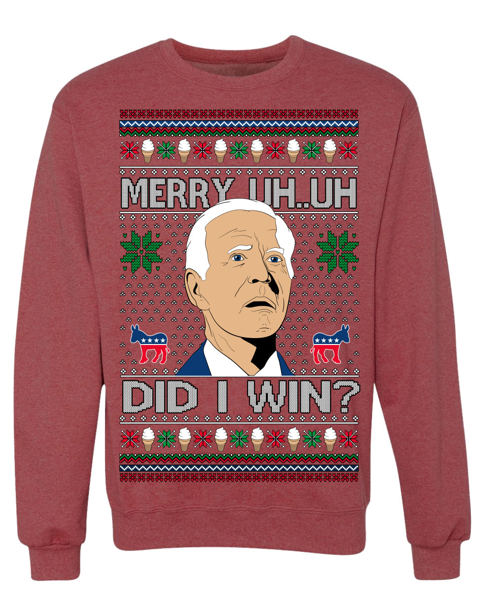 Merry Uh Did I Win? Funny Confused Joe Biden Election 2024 Ugly Christmas Sweater Crewneck Sweatshirt